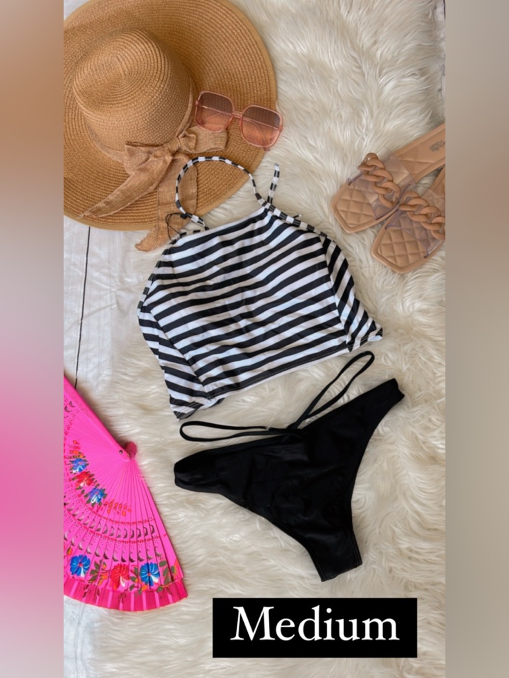 Striped Black & White Tank Bikini Top with Black Bottom